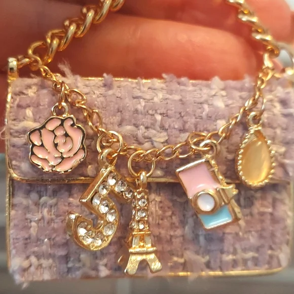 Gold and Purple Women's Tweed Bag with Charms Designer Inspired - Picture 3 of 5